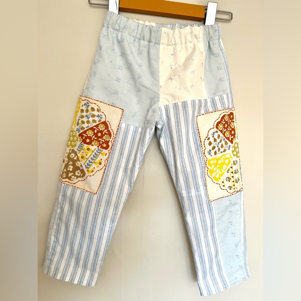 Handmade toddler pants upcycled and repurposed textiles